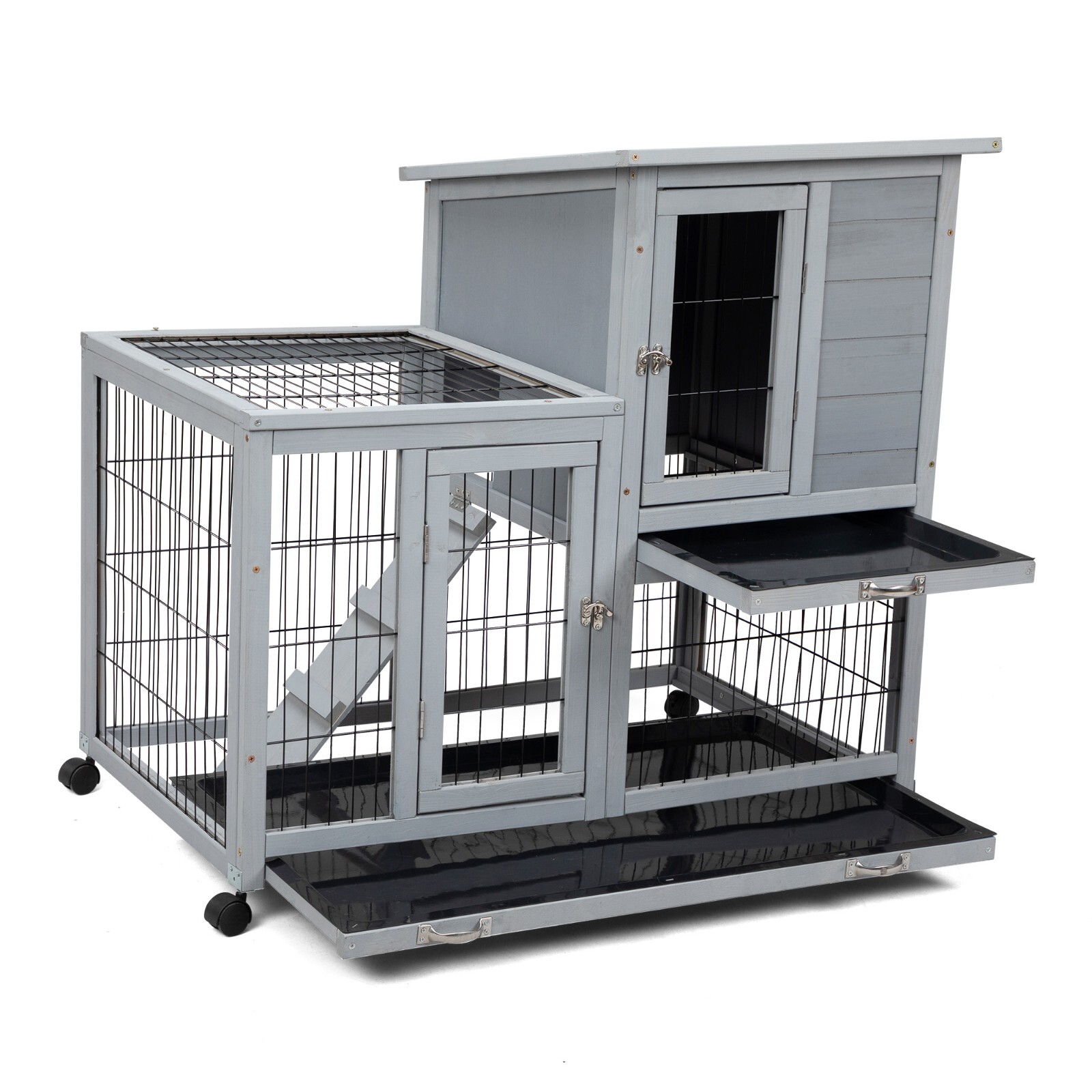 PawHut Wooden Indoor Rabbit Hutch Elevated Bunny Cage Habitat With Enclosed Run With Wheels Brown