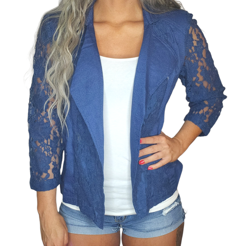 Chicos NWT Dark Blue Denim Silver Zip Lace Open Collared Moto