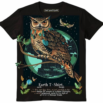Earth Day Owl & Earth Tree Vector Art Women's Black TShirt Katsuya Terada