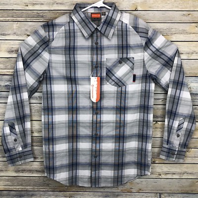 NEW Merrell Mens Sz Small Long Sleeve Button Up Front Shirt Gray Blue Plaid