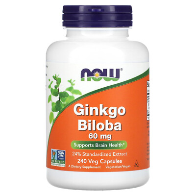 Now Foods Ginkgo Biloba 60 mg 240 Veg Capsules GMP Quality Assured, Kosher,