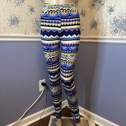 New Mix Blue Colorful Striped Zig Zag Print Leggings, One