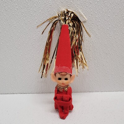 Vintage Christmas Elf Pixie Knee Hugger Figure Tinsel Cone Hat Red & Gold