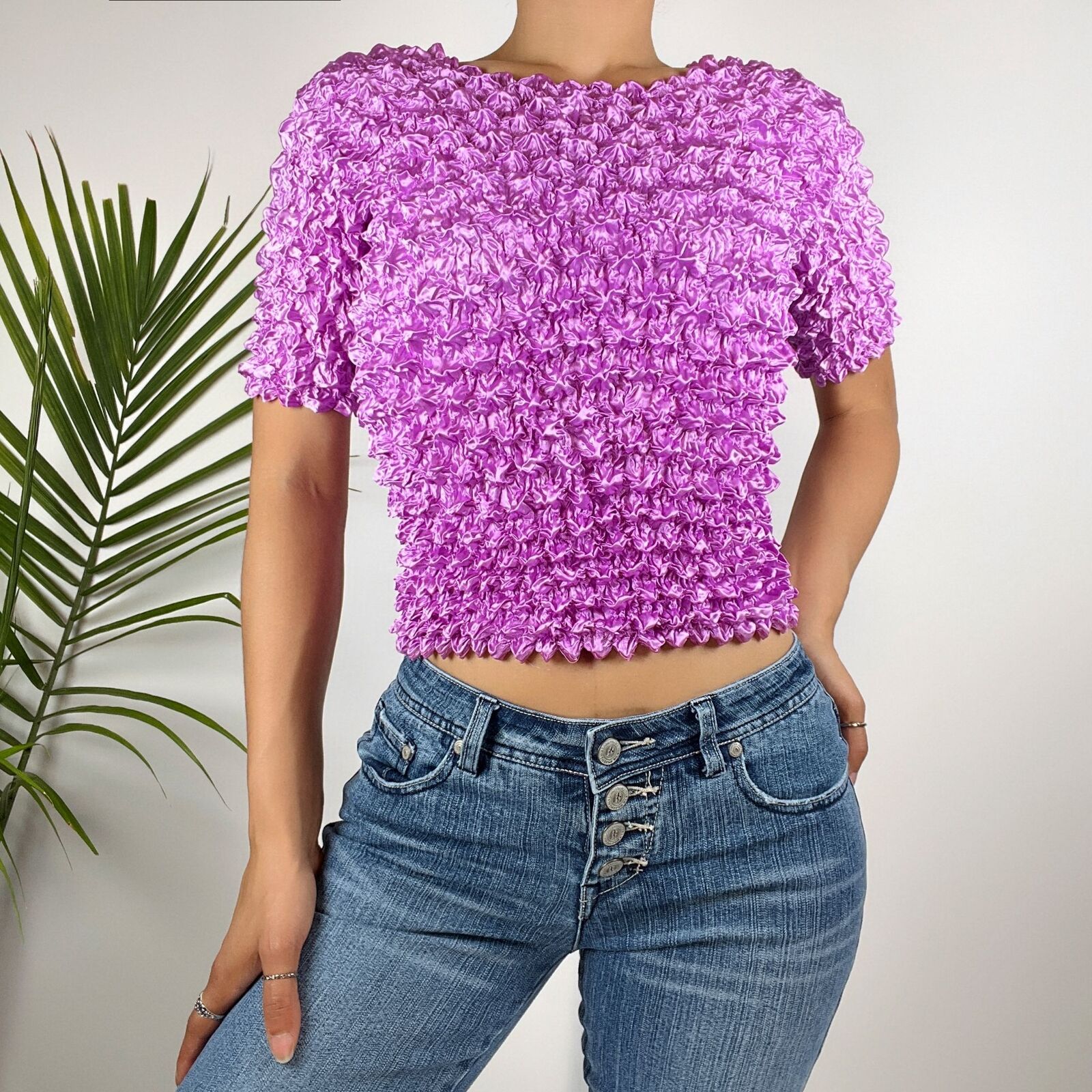 Vintage Y2K Lilac Short Sleeve Bubble Popcorn Stretchy Top / Size: One Size | eBay Vintage Y2K Lilac Short Sleeve Bubble Popcorn Stretchy Top / Size: One Size | eBay