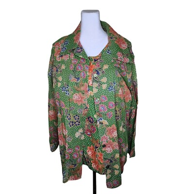 Vintage 70s Boho Tank Top Long Sleeve Shirt Set Womens Plus 1X Green Floral