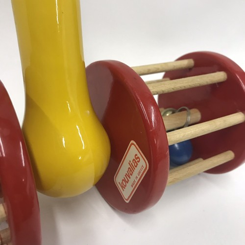 Vtg KOUVALIAS Double Wheel Wooden Greek Push Pull Roller Toy Made in Greece A5