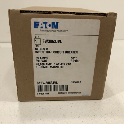 (1) Eaton FW3063JVL Series C Industrial Circuit Breaker 63A 690 VAC 3 Pole