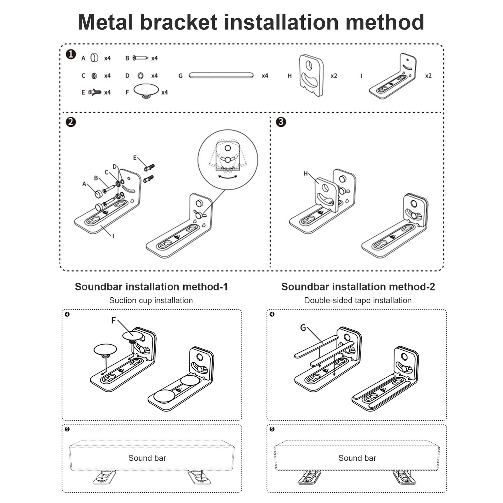 Universal Sound Bar Mounts Brackets Wall Mount Shelf Soundbar Black Metal