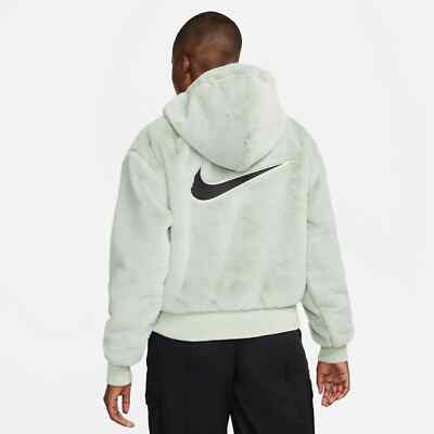 Nike Women Sportswear Essentials Faux Fur Full-Zip Jacket Grey Haze Size L New