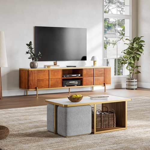 Media Console W/ Faux Marble Top Walnut Finish Natural Wood Grain