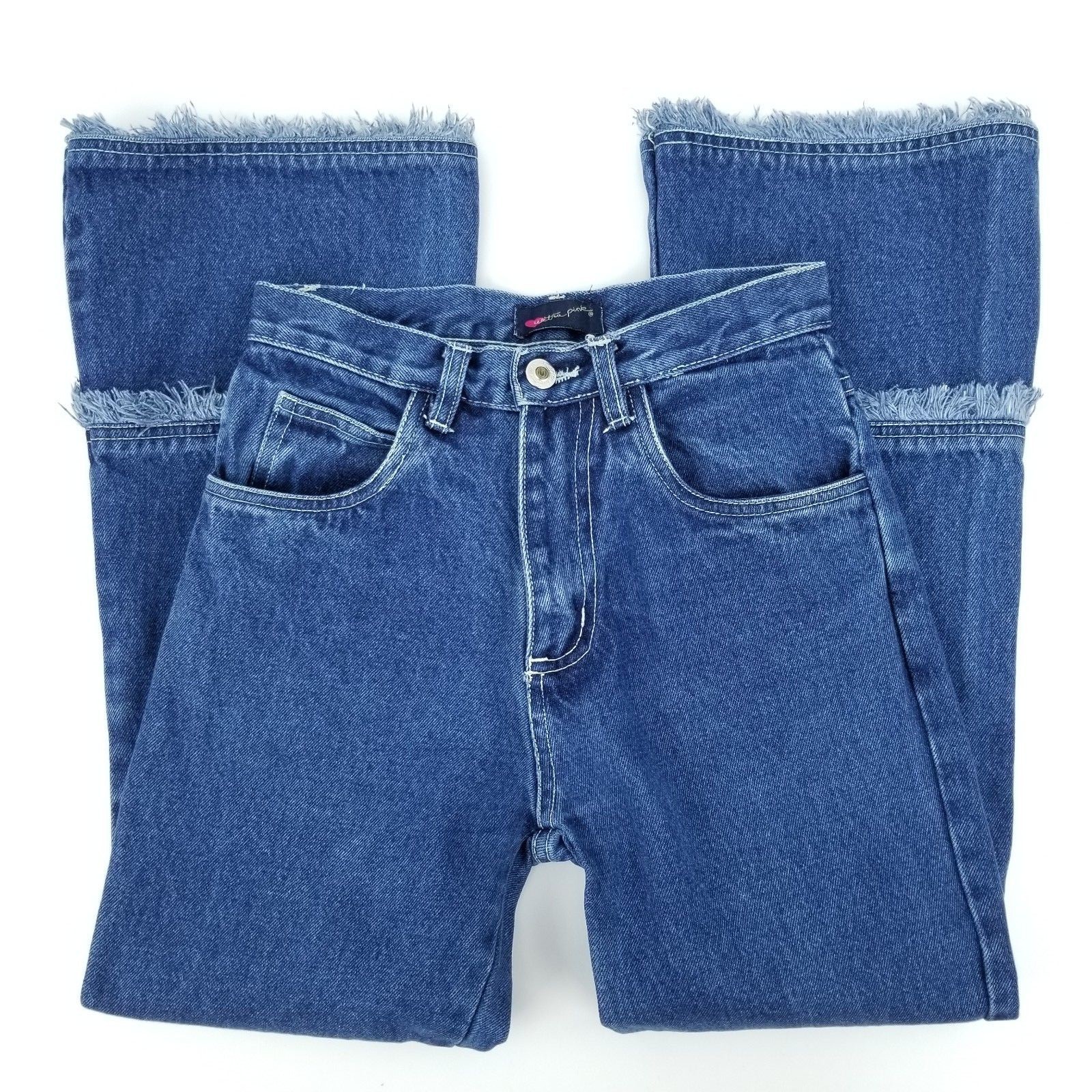 Ultra Pink Kids Girls 10 Tiered Fringe 100% Cotton Denim Jeans Raw Fringed Edge