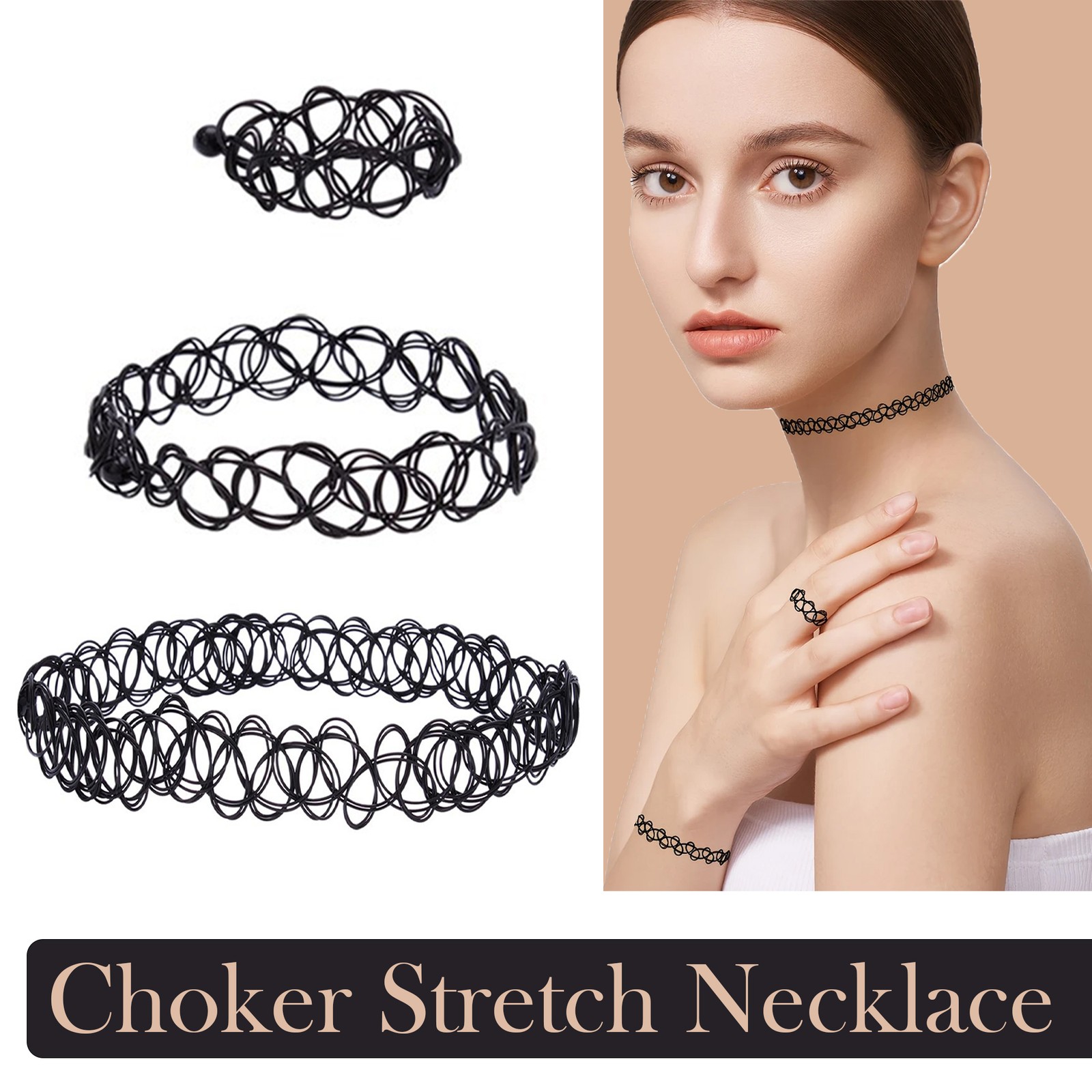 Lien Chaîne Tour de Cou Tatouage Ensemble Collier Réglable Bracelet Anneau Noir