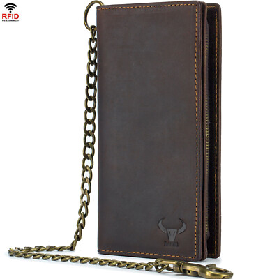 BAIGIO Men Long Wallet with Chain Real Genuine Leather RFID Biker Trucker Bifold
