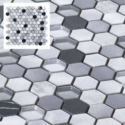 White Calacatta Black Marble Gray Glass Metal 1'' Hexagon Mosaic Tile Backsplash