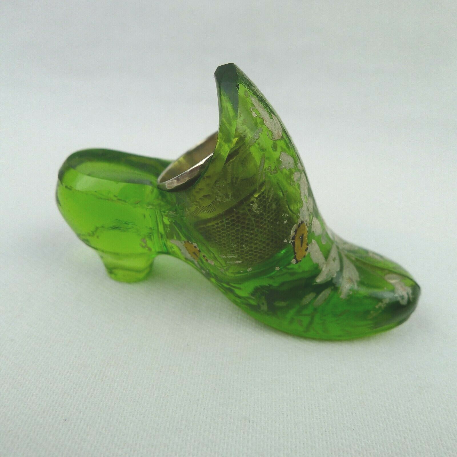 Floral Painted Green Glass Thimble Holder Shoe With Sterling Silver Thimble Rare