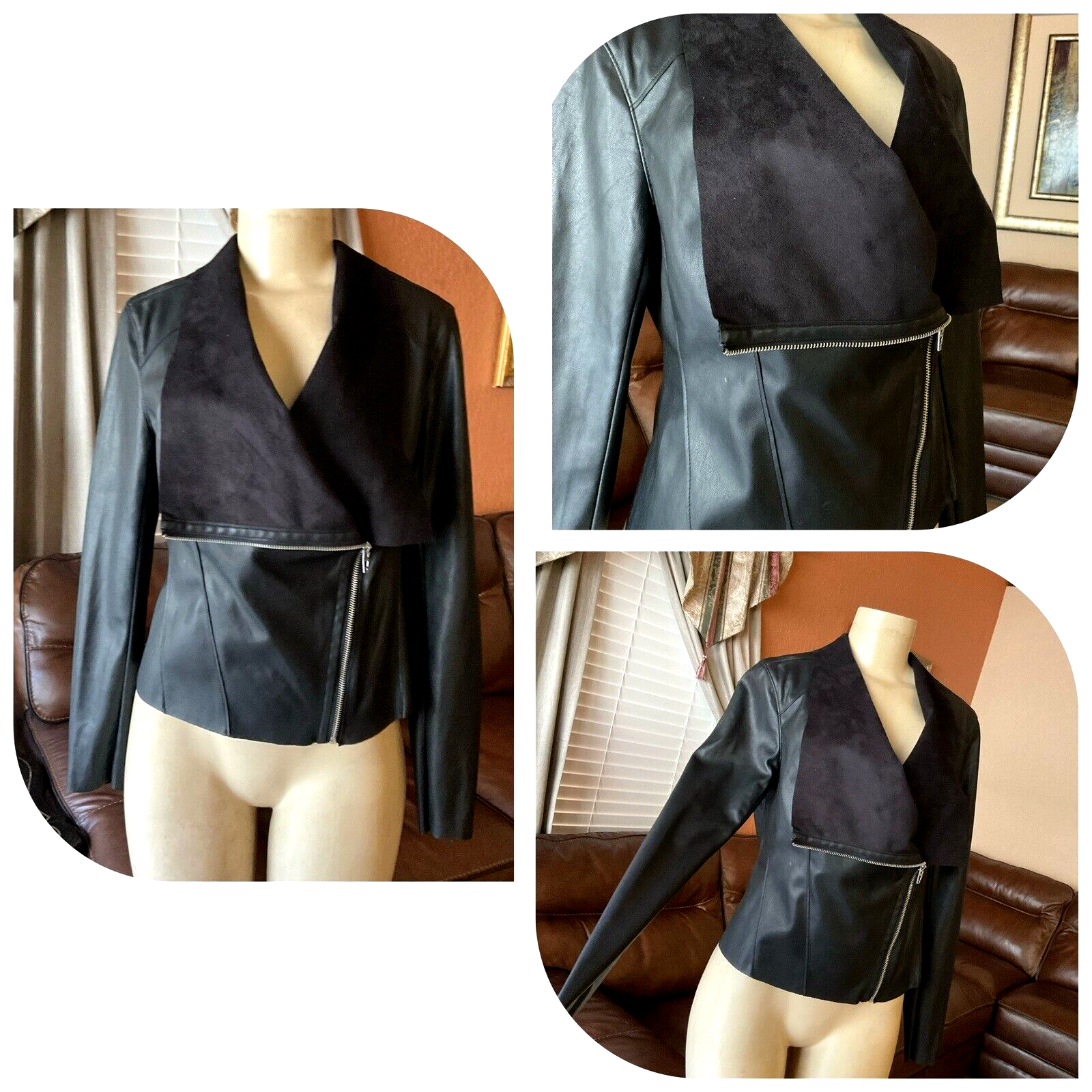 Black Faux Leather Jacket Zipper & Fold Over Collar Size S