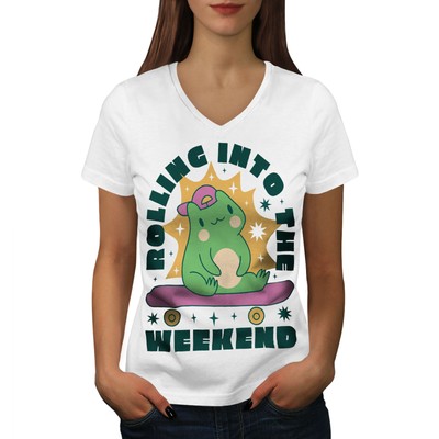 Wellcoda Rolling Into The Weekend Cute Frog Womens V-Neck T-shirt