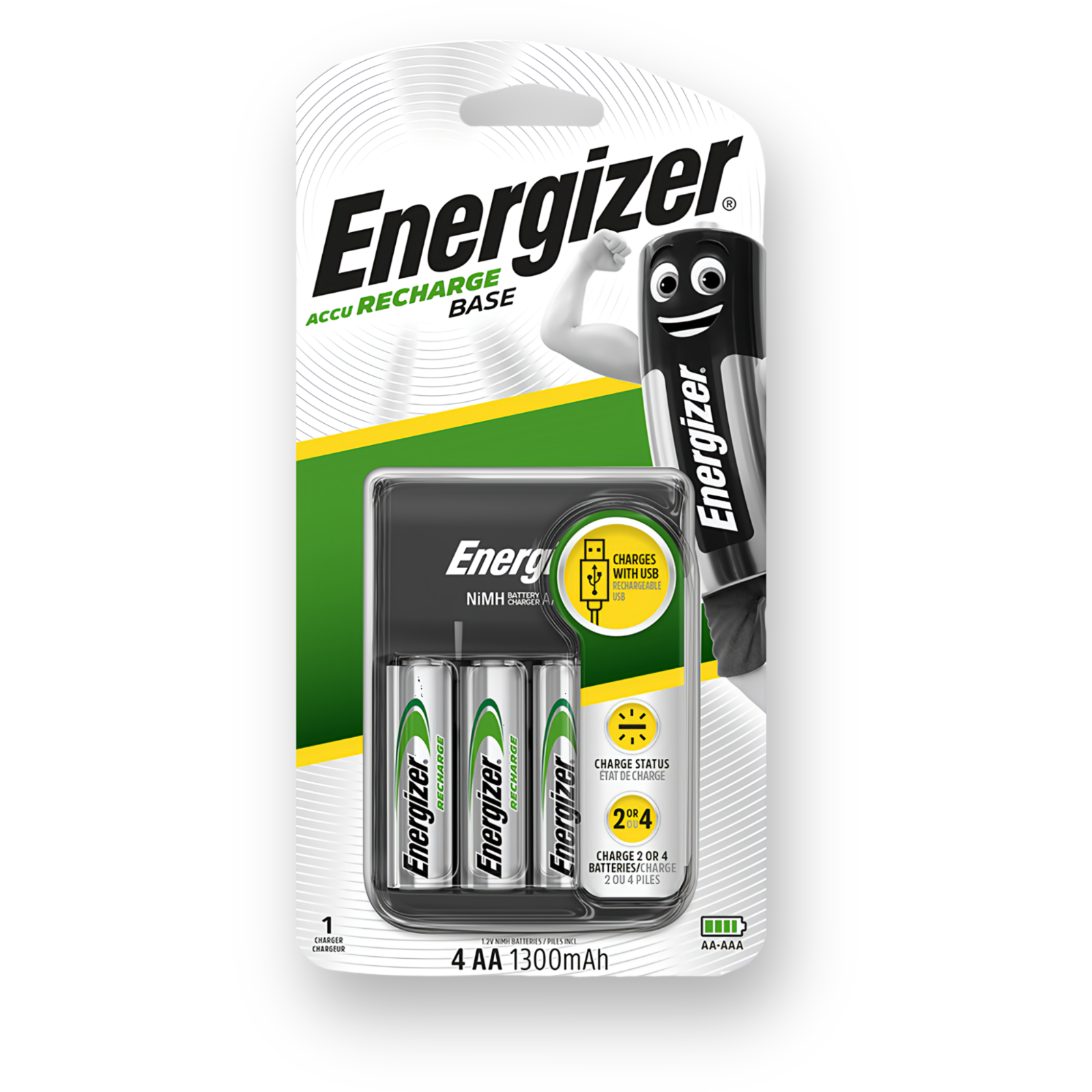 ENERGIZER USB Battery Charger Base Inc 4 x AA 1300mAh Rechargeable Batteries