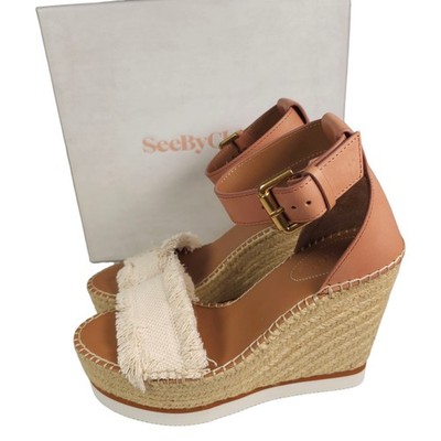 SEE BY CHLOE Glyn Platform Espadrille Wedge Sandals Frayed Lite Beige EU 38 US 8