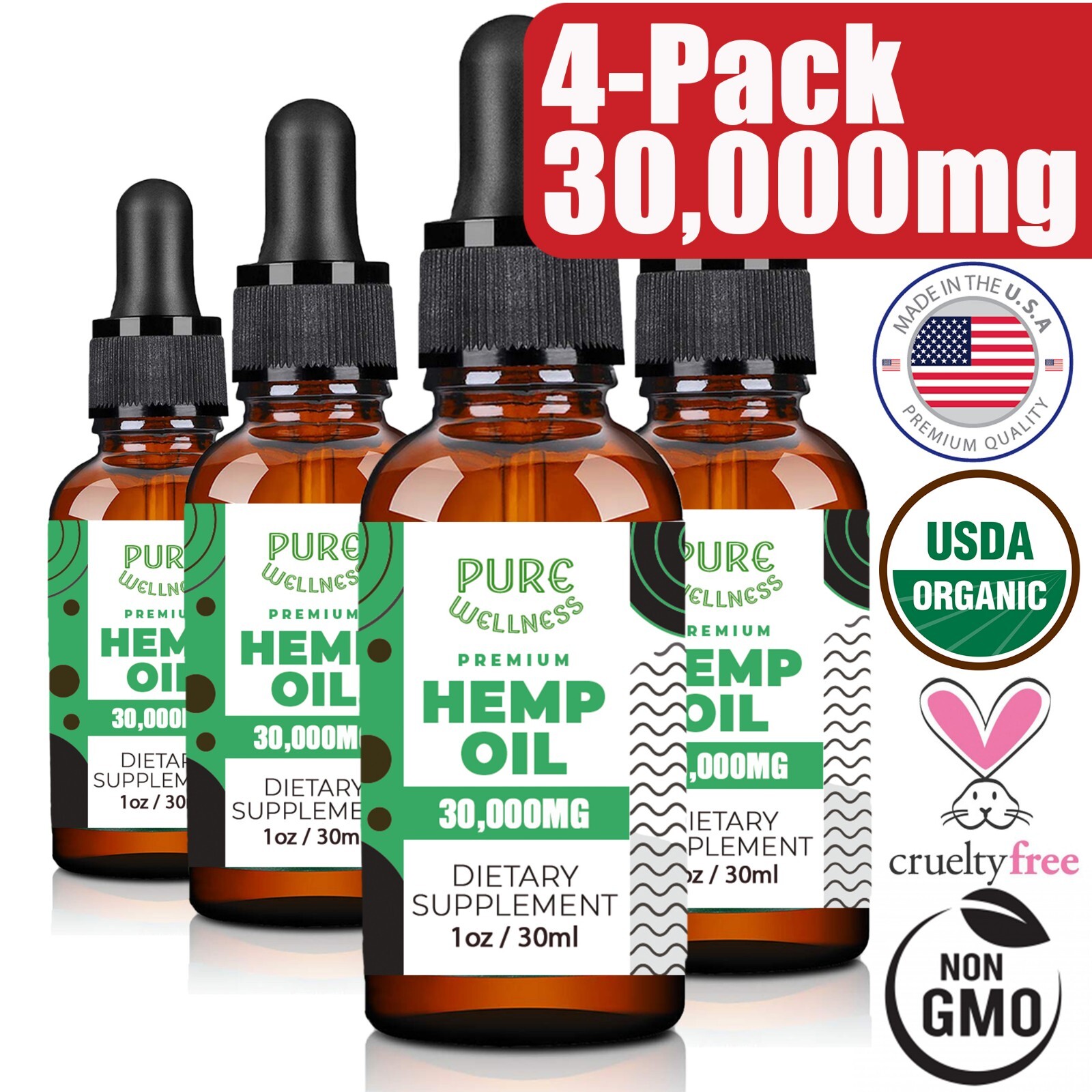 Best Hemp Oil - Natural Wellness (USDA ORGANIC) Made In USA Hemp Seed Oil 4-Pack