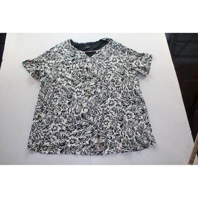 Catherines Knit Top Women 1X Black White Excellent Floral V-Neck Short Sleeve