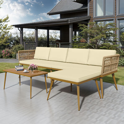 4 Pieces Patio Furniture Set Outdoor Rattan Conversation Sectional L-Shaped Sofa