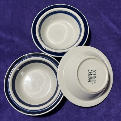 Set of 4 Arabia Finland BLUE ANEMONE 7'' Cereal Bowls Hand Painted Bands