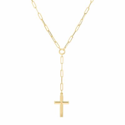 Pre-owned Welry Paperclip Lariat Necklace With Cross In 14k Yellow Gold, 18"
