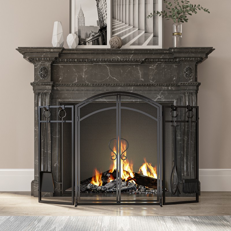 3-Panel Folding Fireplace Screen Hinged Magnetic Two Doors w