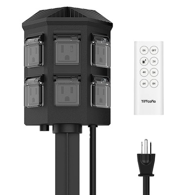TiFFCOFiO Outdoor Power Stake Timer, 100FT Remote Control, Dusk to Dawn Chris...