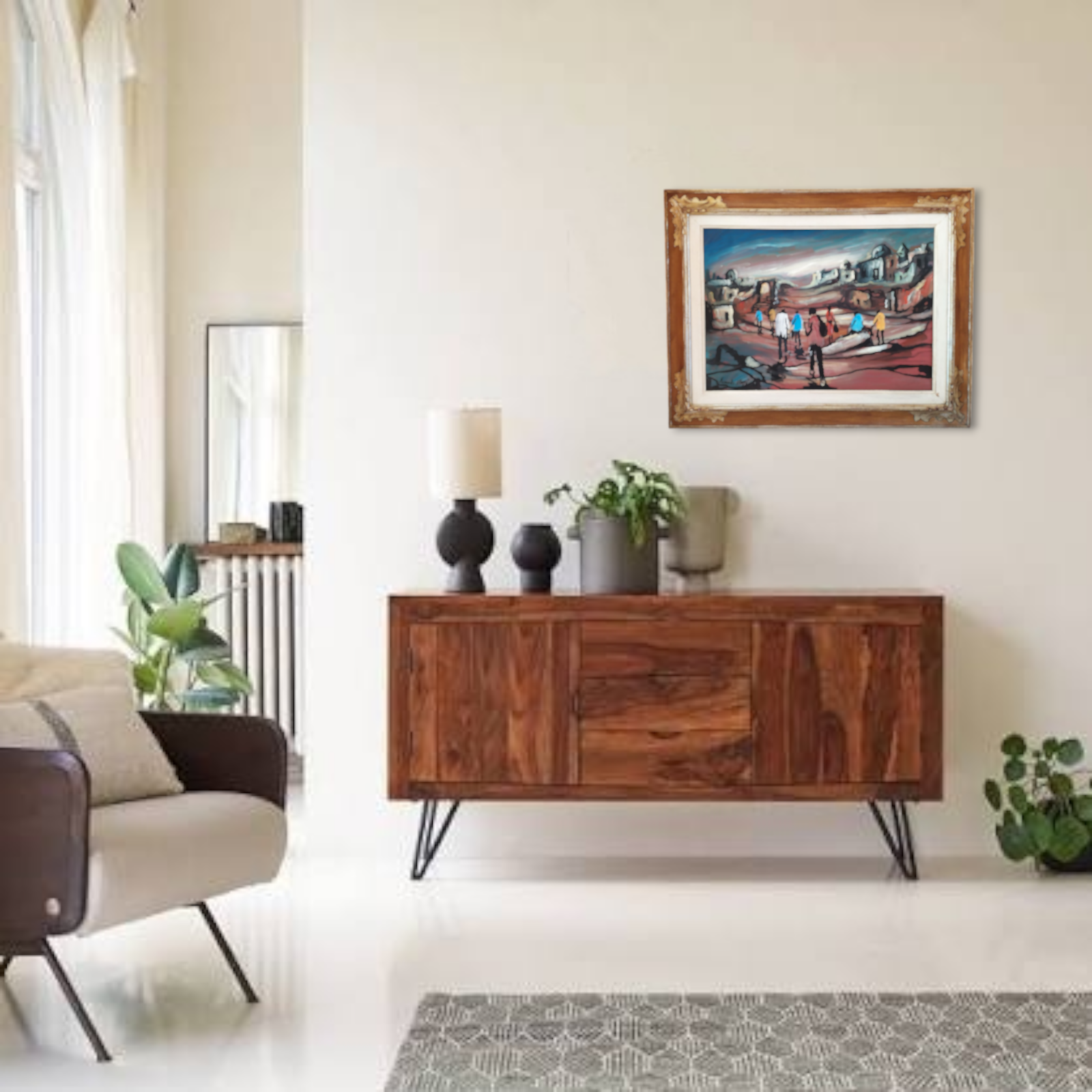 Original Italian Modern Surrealist Oil Painting Landscape with Figures signed