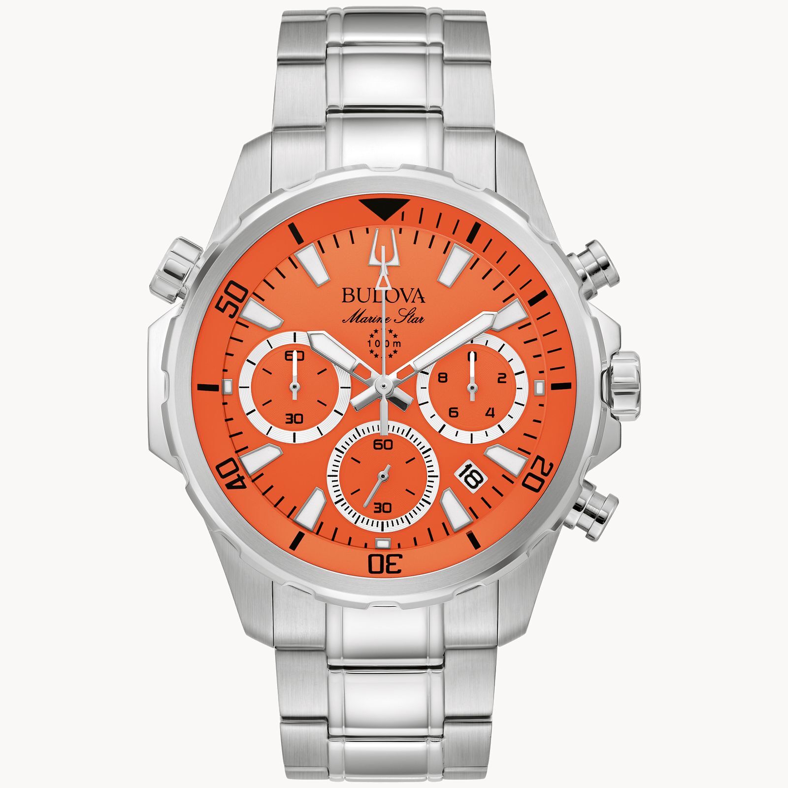 Pre-owned Bulova 96b395 Men's Marine Star Chronograph Watch - Orange/stainless Steel