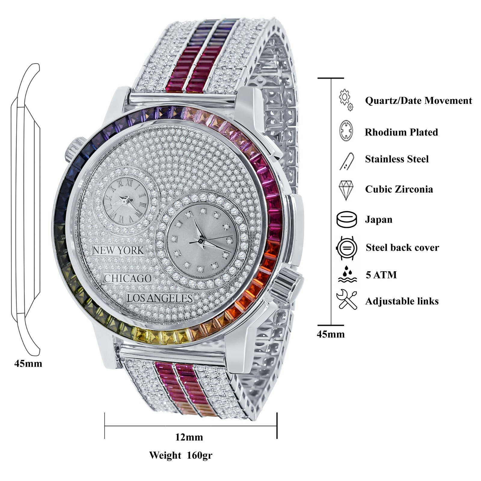 Pre-owned Ice Master Genuine Diamond White Tone 2 Time Zone Chronograph Baguette Rainbow Dial Watch