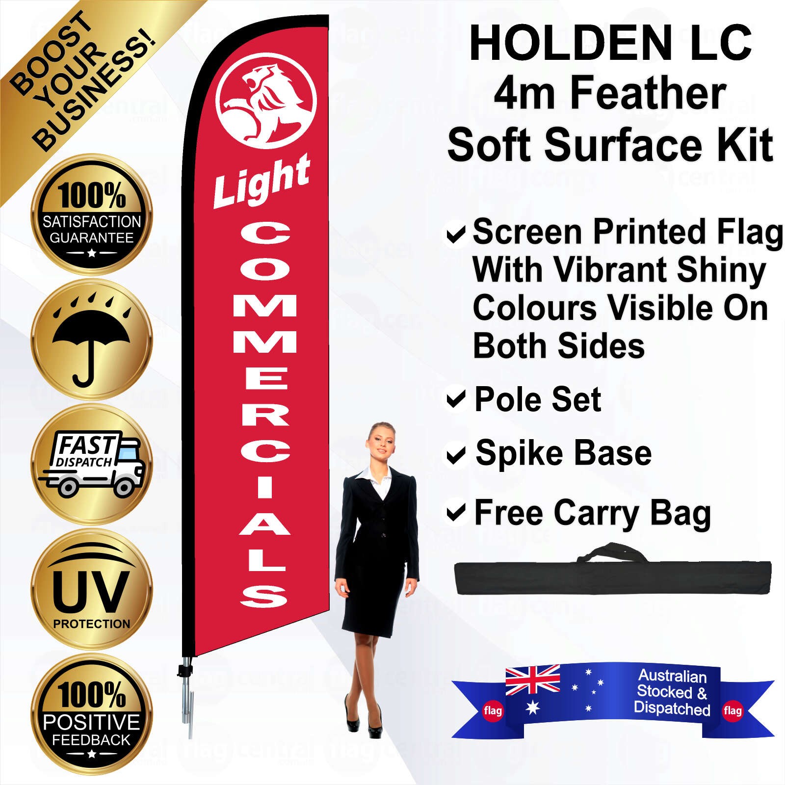 HOLDEN LIGHT COMMERCIALS Red 4m Feather Flag / Banner Kit with Pole Set, Galvanised Steel Ground Spike and a Free Carry Bag