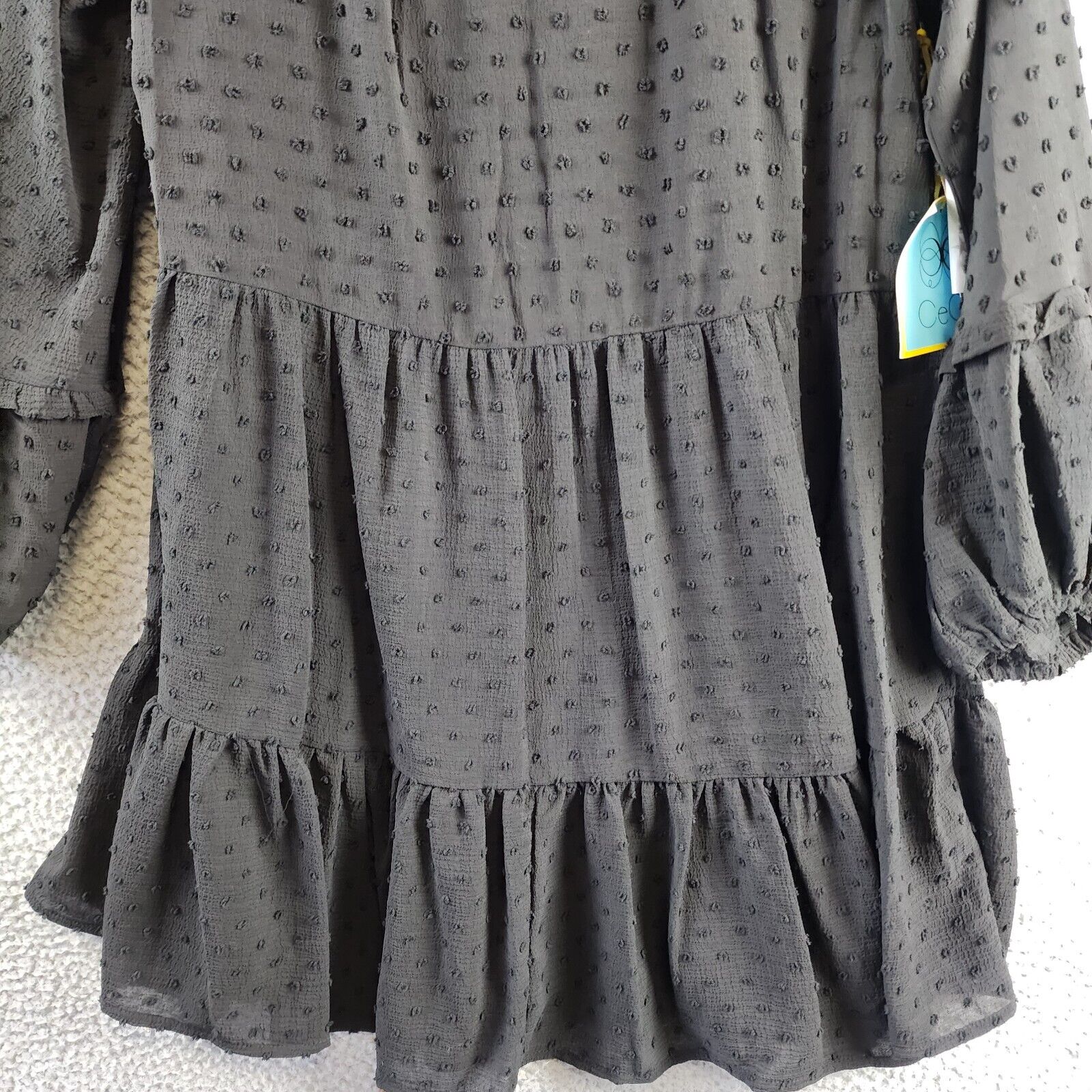 CeCe Clip Dot Ruffled Mini Dress Women's S Black V-Neck Long Sleeve Pullover - Picture 3 of 14
