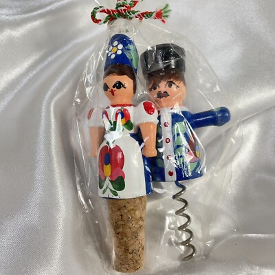 Vintage Hungarian Wooden Wine Opener and Cork Stopper Hand Painted Man Woman