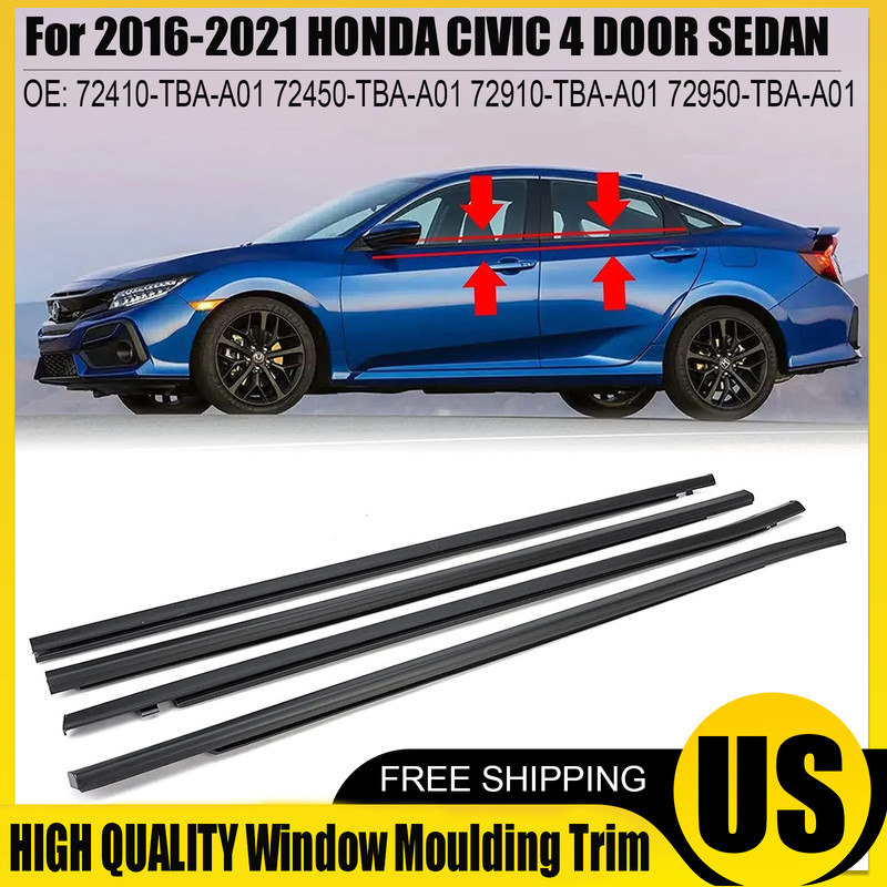 For 2016-2021 Honda Civic Sedan 4pcs Weatherstrip Window Moulding Trim