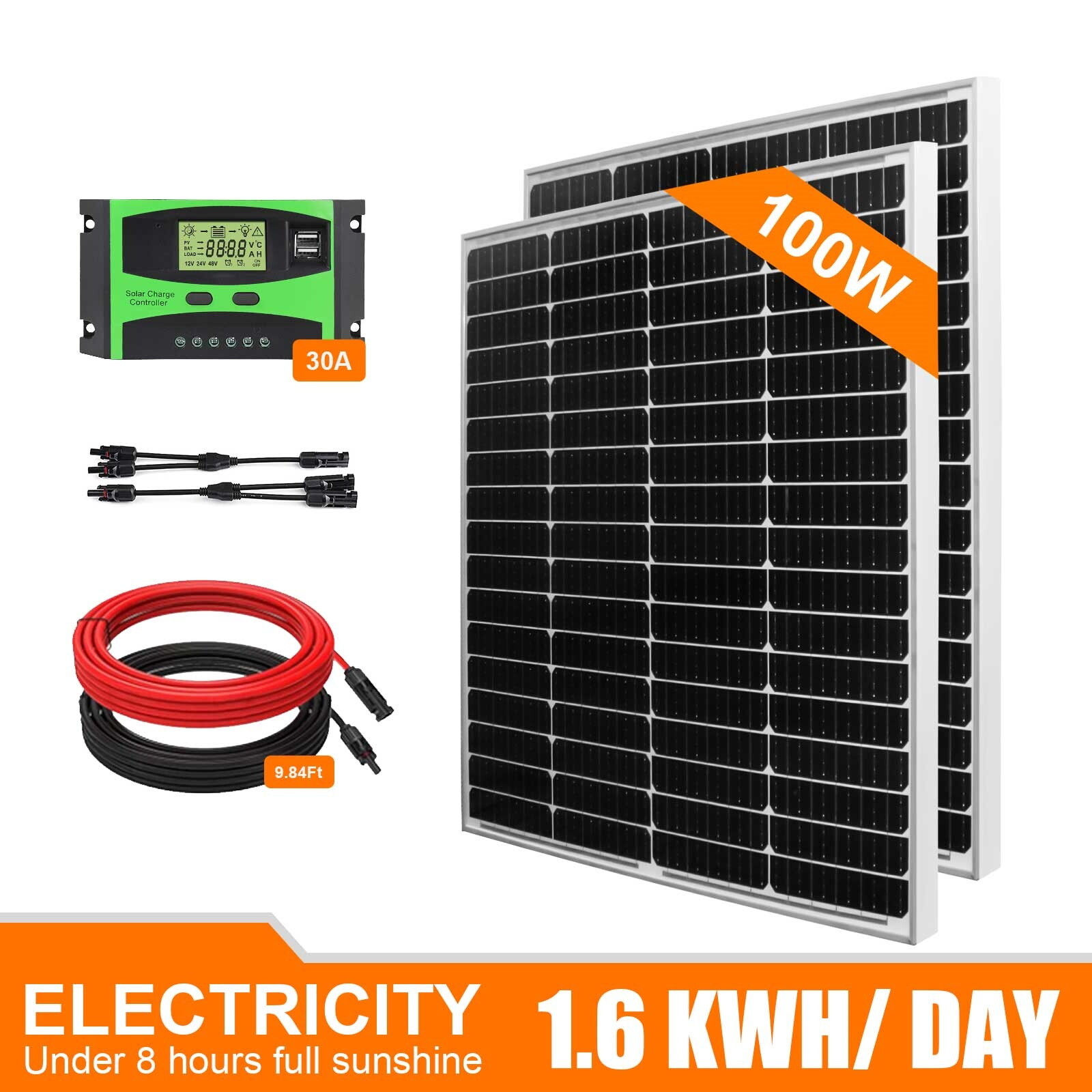 200W 12V Solar Panel Kit With 30A PWM Charge Controller for 