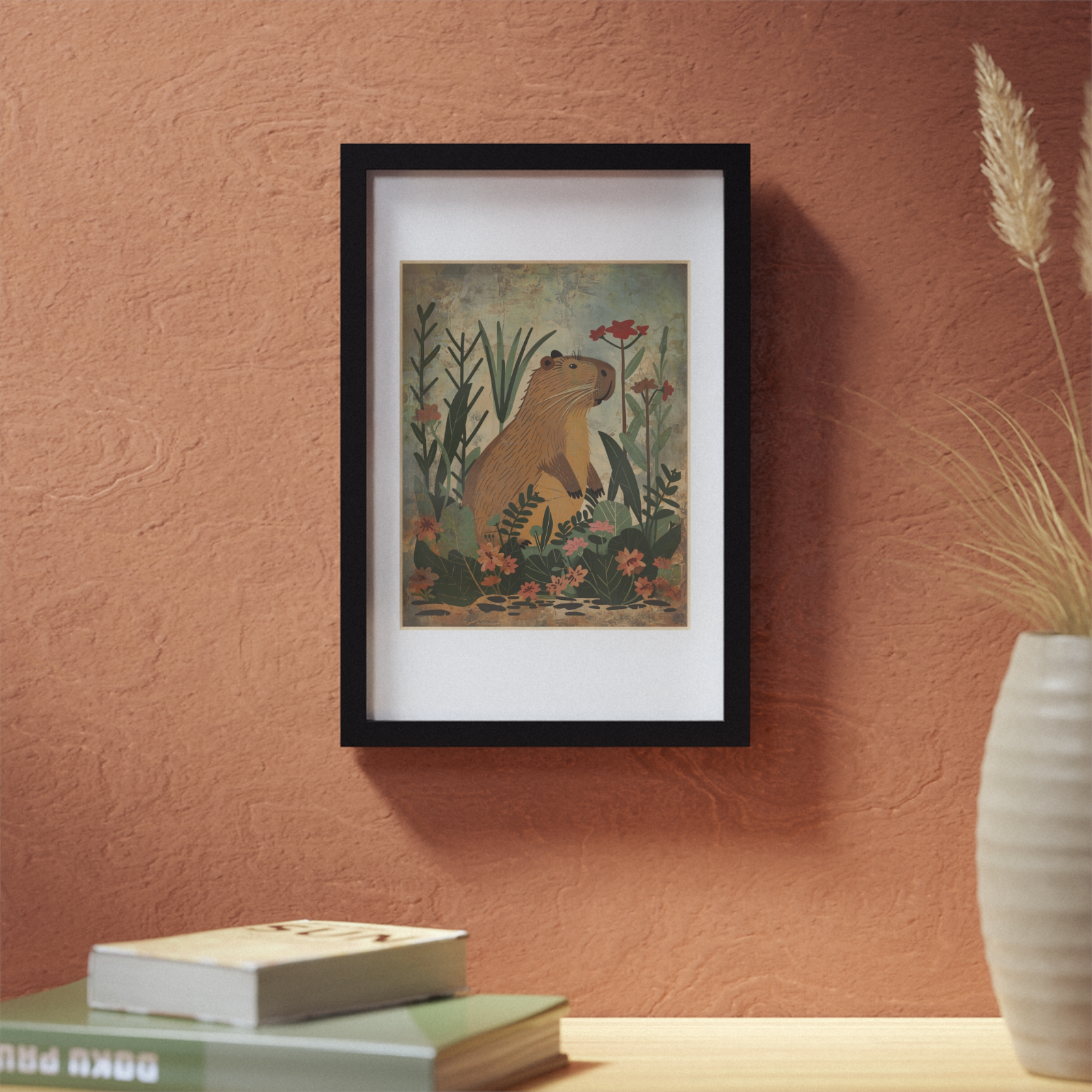 Retro CAPYBARA FLOWER Wall Art, Botanical Floral Wildlife Rodent Nature Poster