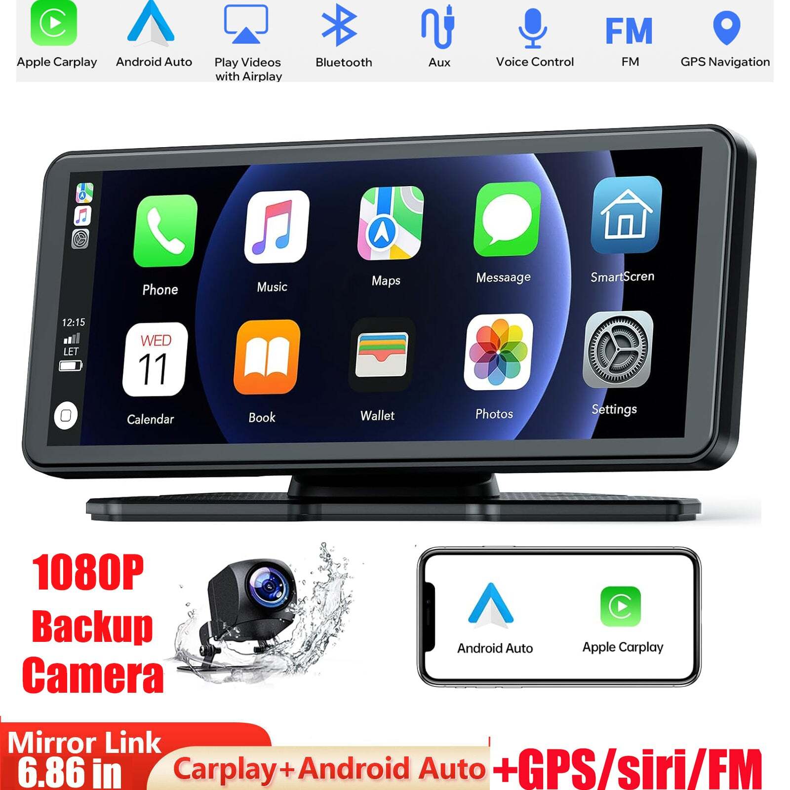 Portable 6.86" Wireless Car Stereo for Apple Carplay Android