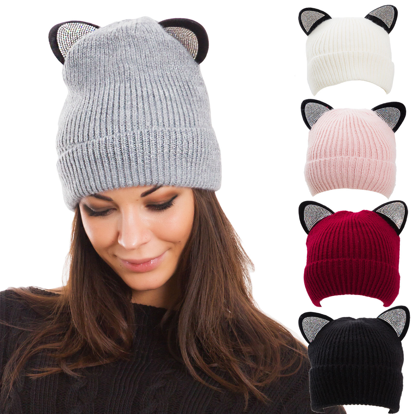 Femme Chapeau Casquette Bonnet Chapeau Calotte Oreilles Chat Strass M2801 Ebay