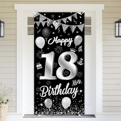 BTZO Striscione porta Happy 18th Birthday sfondo nero argento 185 x 90 cm