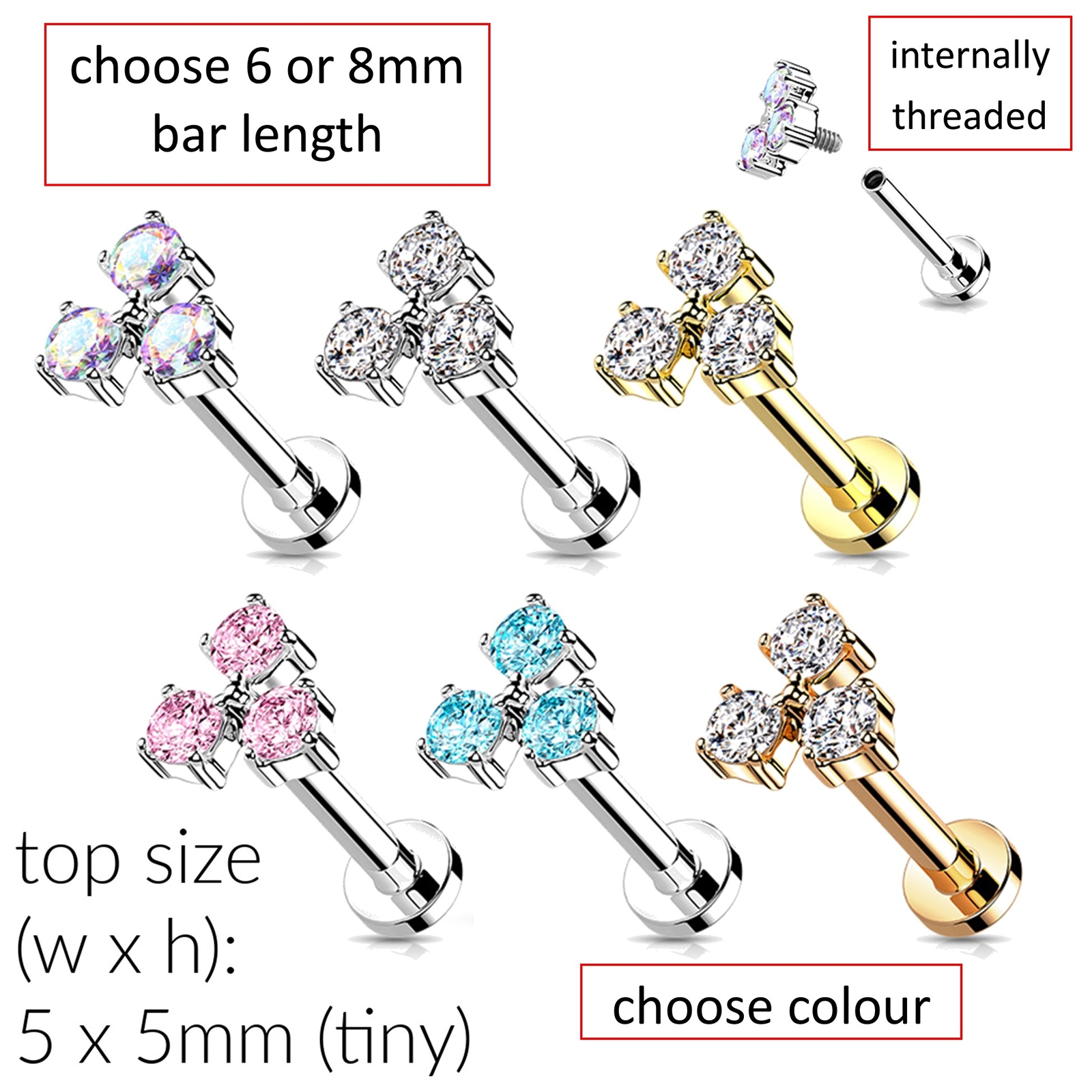 Triple CZ Labret | Internally threaded 6 or 8mm Bar | Cartilage Tragus Helix Lip
