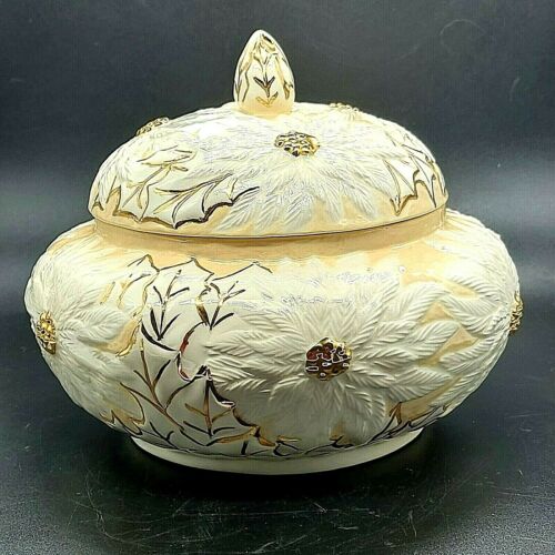 Vintage Ceramic White And Gold Lidded Bowl Poinsettia Design Gold Berry & Leaf