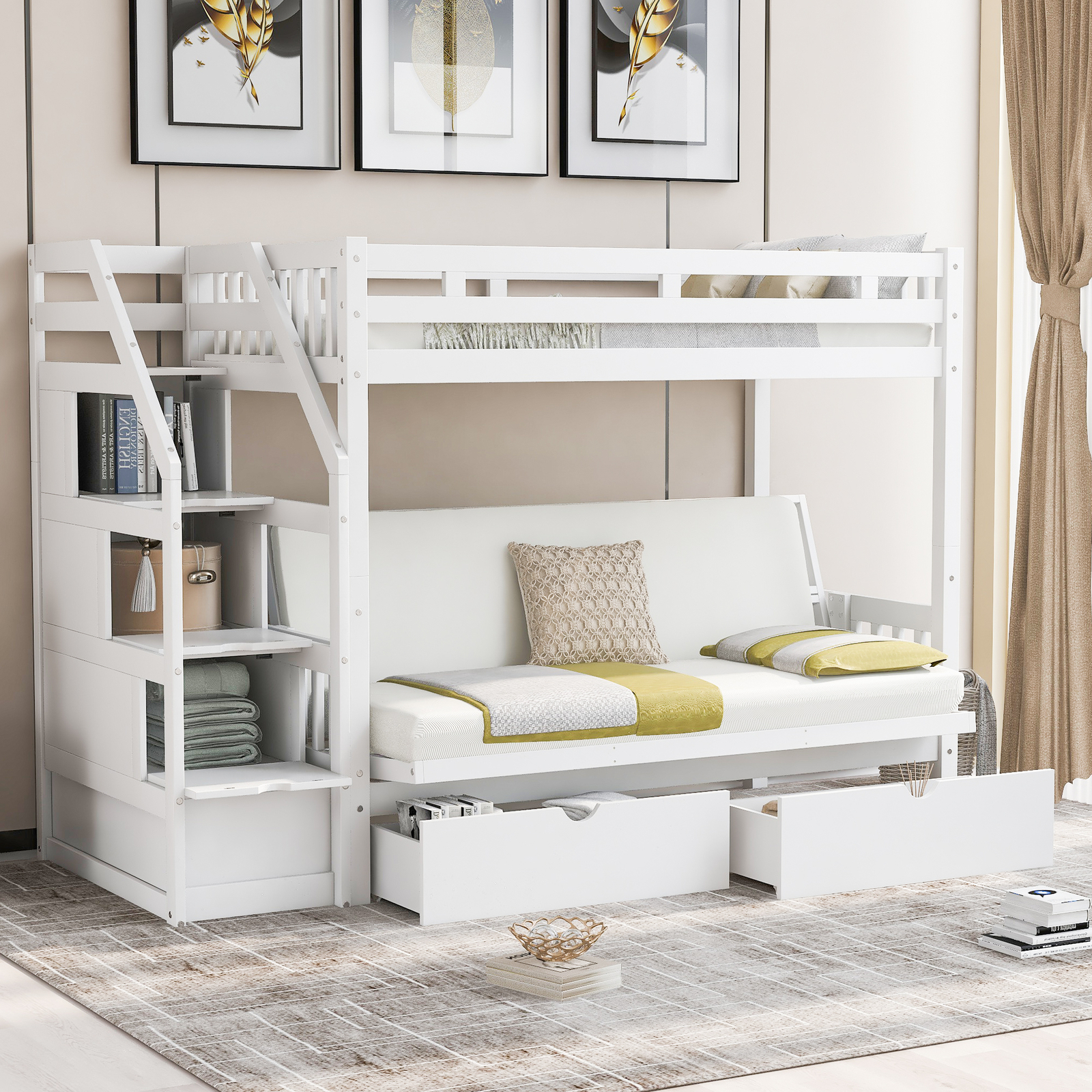 With Two Drawers Staircase For Kids White