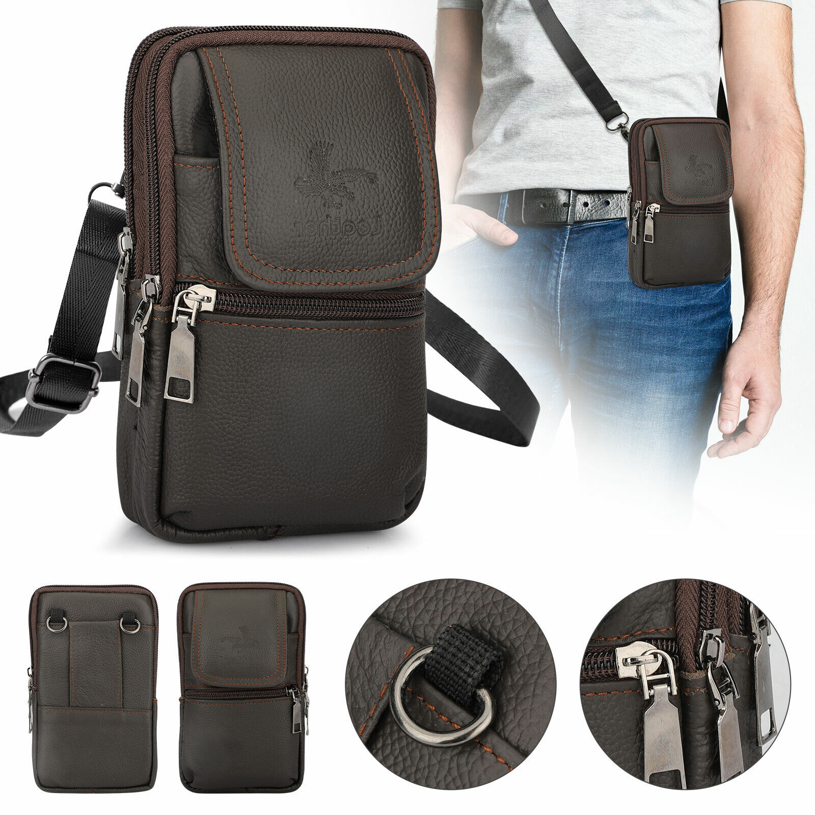 Bolso Bandolero Transversal de Cuero para Hombres Cartera para Teléfono Celular
