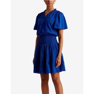 Lauren Ralph Lauren Womens Ruffle Trimmed Mini Dress Size 18 Cotton Blue