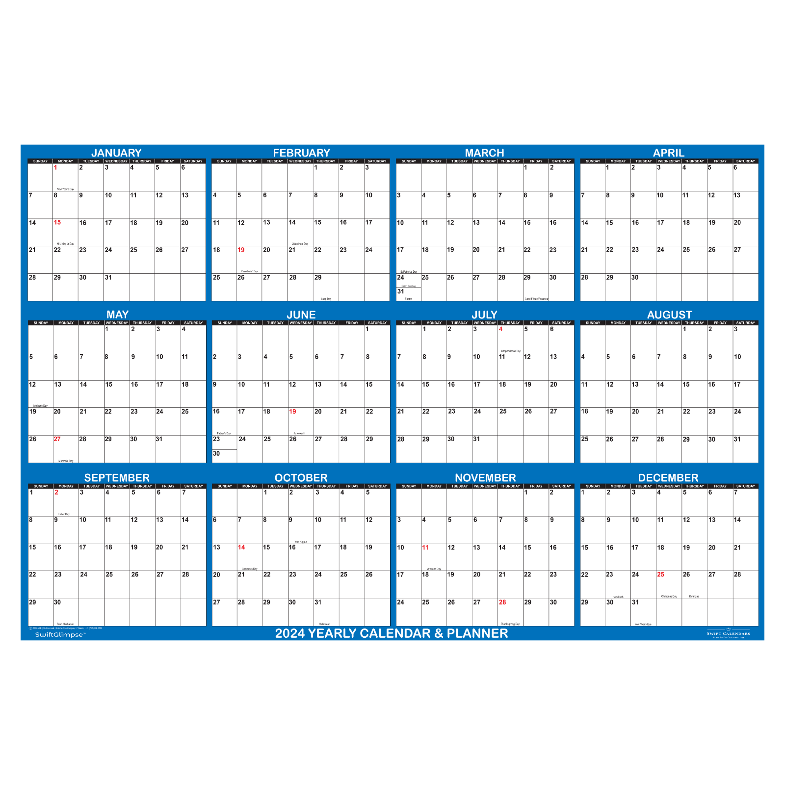 24" x 36" SwiftGlimpse 2024 Wall Calendar Erasable Yearly Wall Planner - NAVY