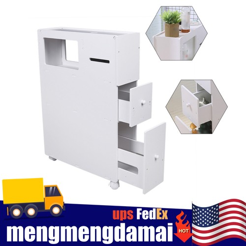 Bathroom Low Cabinet Narrow Slim Storage Tower Table Box with 2 Drawers & Wheels