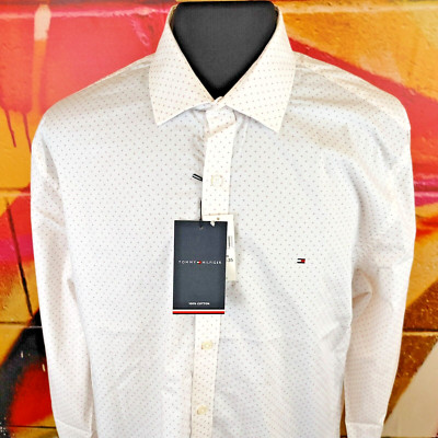 Tommy Hilfiger Button Up Adult XL Polkadot White Pink Long Sleeve Mens 17.5 
